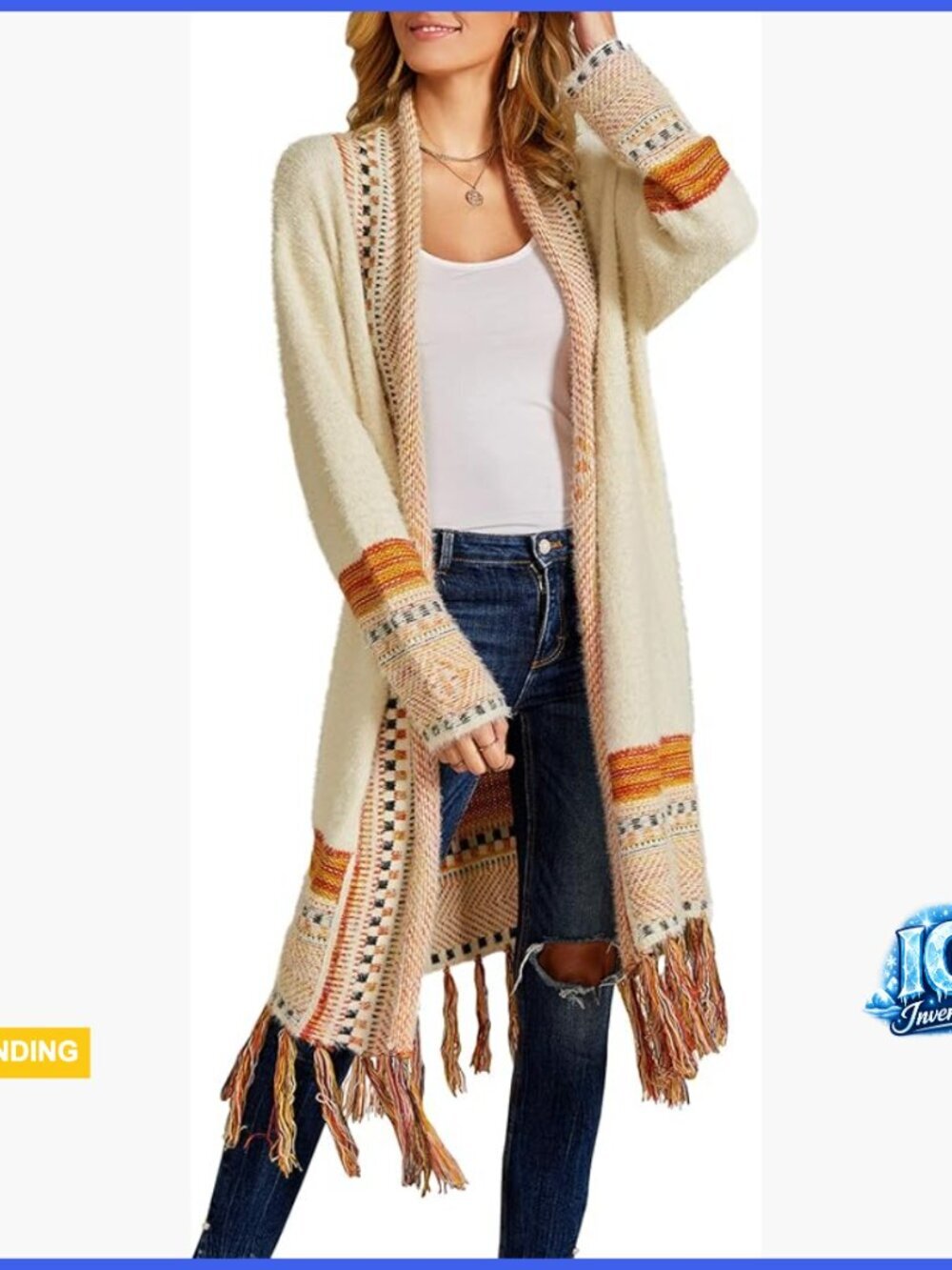 Acrylic Cardigan Sweater Long Open Front Tassel Fringe Bohemian